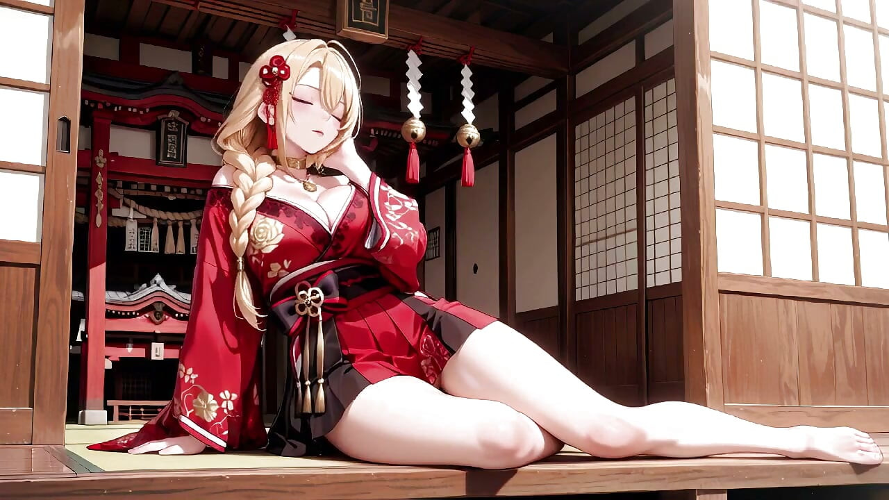 Red & Black Miko! Forbidden Shrine Prayer, High-Slit Hakama Exposure, Golden Goddess's Wet Gaze!