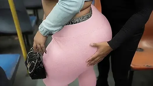 "Balaclava BBW Gets Ass  in Tight Shiny Pink Pants - Public Bus"