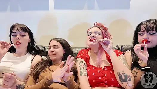 Four Girls Lollipop Chewing Gum Fetish Kissing Licking