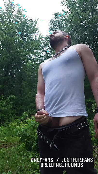 Verbal daddy draining his hairy balls outdoor in the rain.