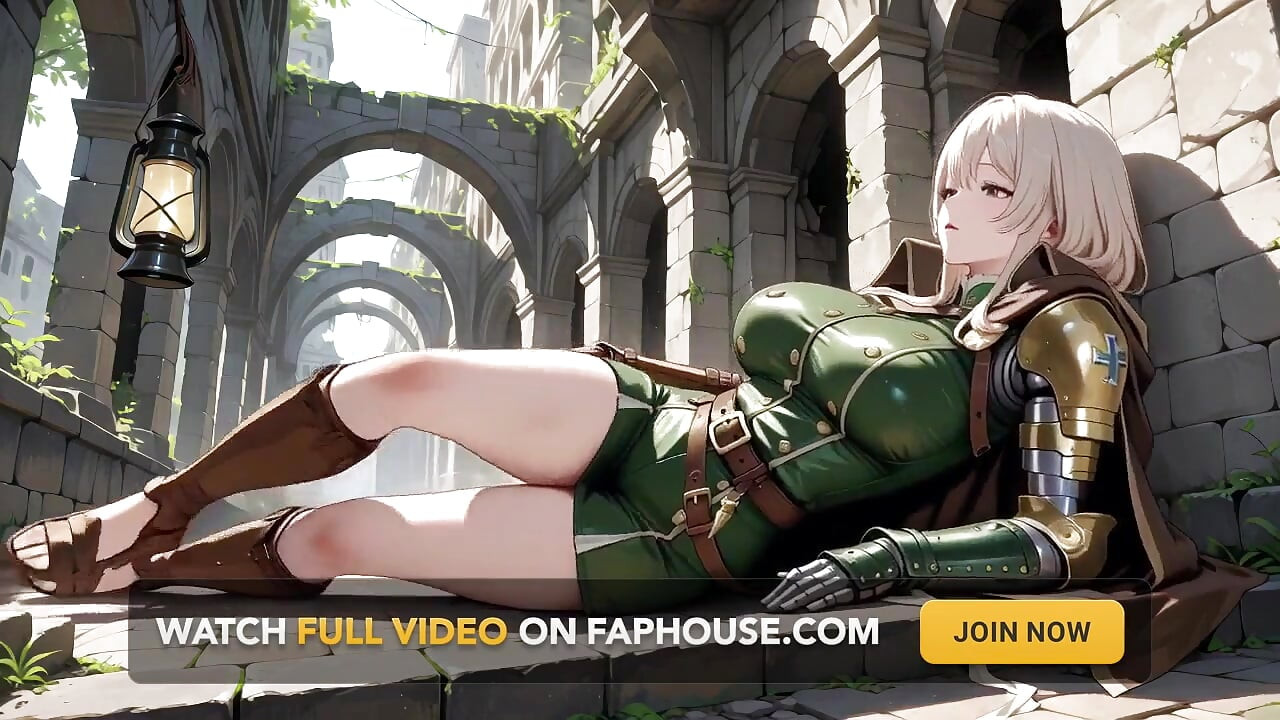 Blonde Knight's Afternoon! Green Uniform Golden Mechanical Arms, Lazily Contemplating in Ancient Stone Ruins.