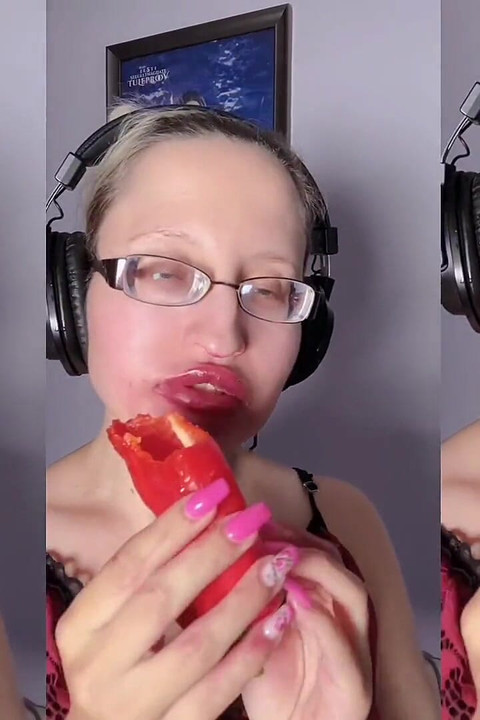Asmr Paprika Pepper Eating - Asmr, Eye Glasses, Gianess, Lipstick, Big Lips, Mouth, Food, Face Fetish, Long Nails