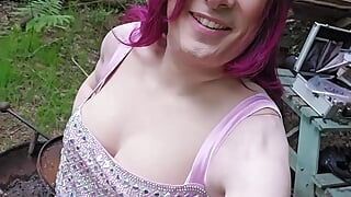 Putting my gorgeous dress on over my luxury lingerie in the woods