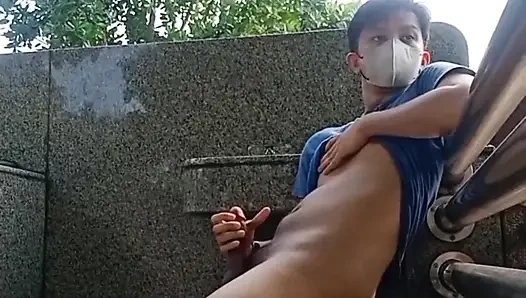 Fit young Asian hunk outdoor cemetery wank with splashing cumshot