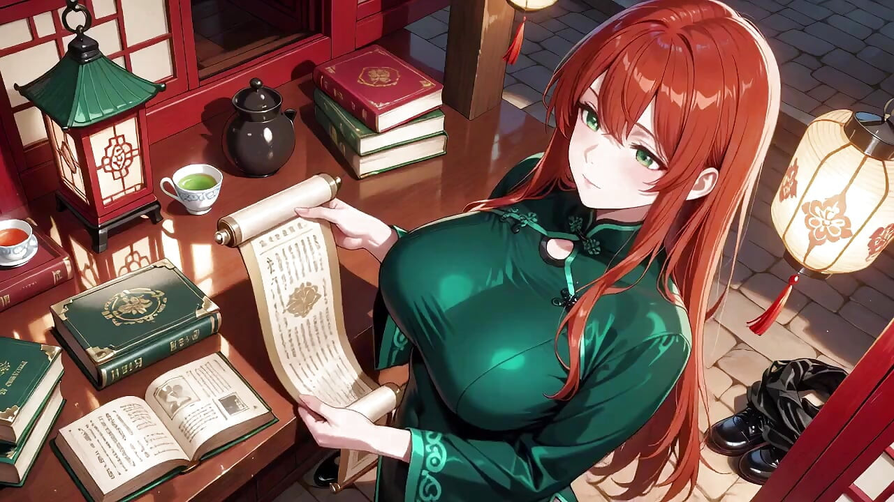Cabelo vermelho e Qipao esmeralda! Sedução preguiçosa no Pátio Oriental
