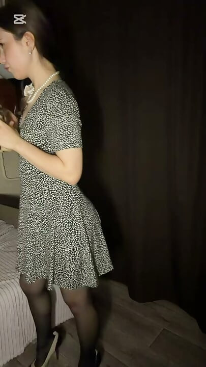 Schoolgirl bought new stockings, dresses up and masturbates