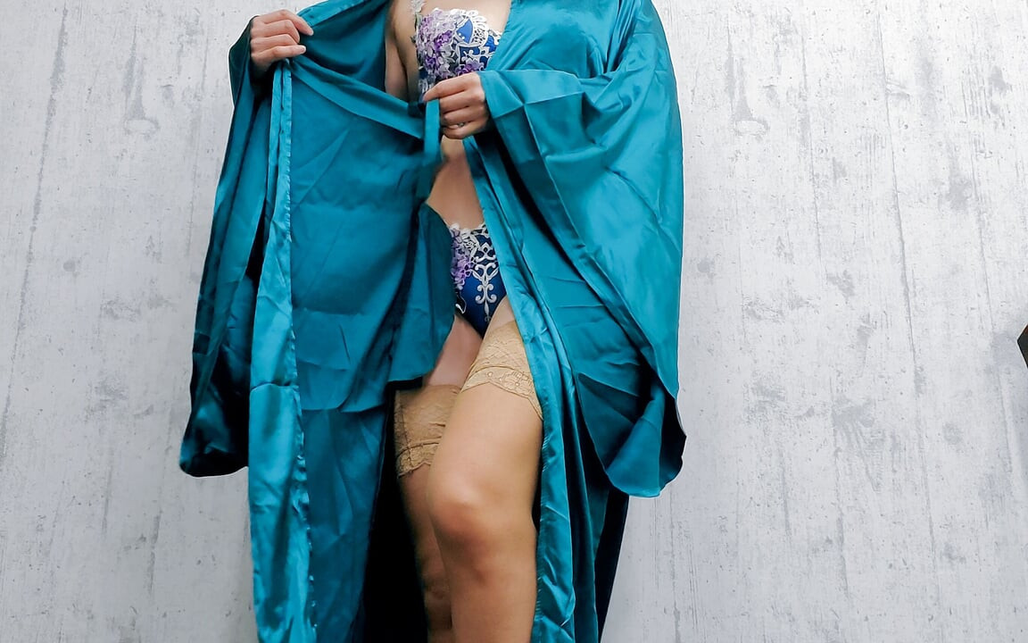 Japanese Wife in Satin Robe and Lingerie