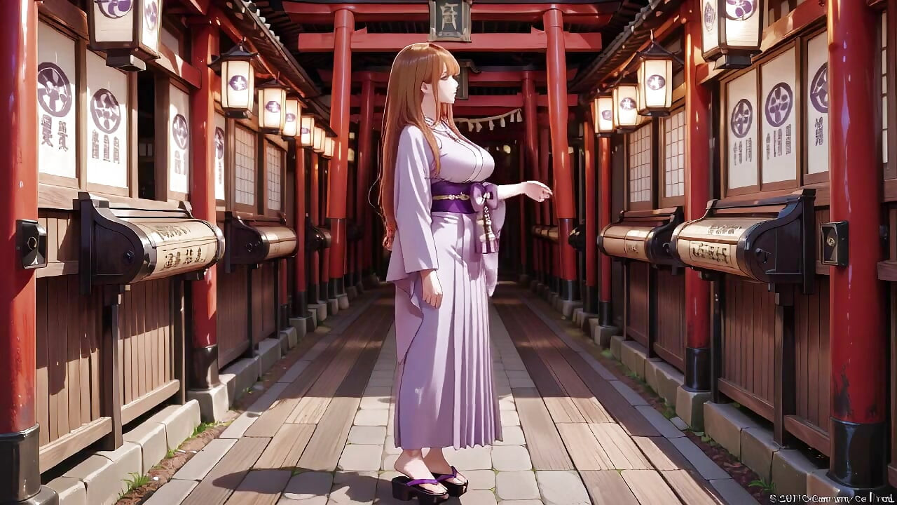 Rudowłosa bogini Kimono! Klęcząc pod świętą bramą Torii, ona reguluje swój namoczony bez pleców strój nieśmiałym spojrzeniem.