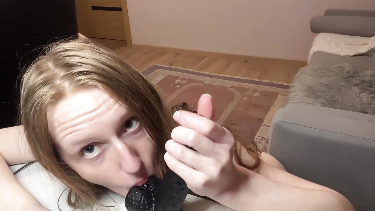Blowjob on Big Black Dildo and Balls Sucking