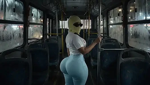 Zierliches mädchen mit dickem arsch twerkt in hellblauen leggings im bus