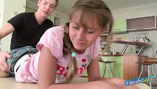 Petite teen squirts after hard fuck with horny masseur on the massage table