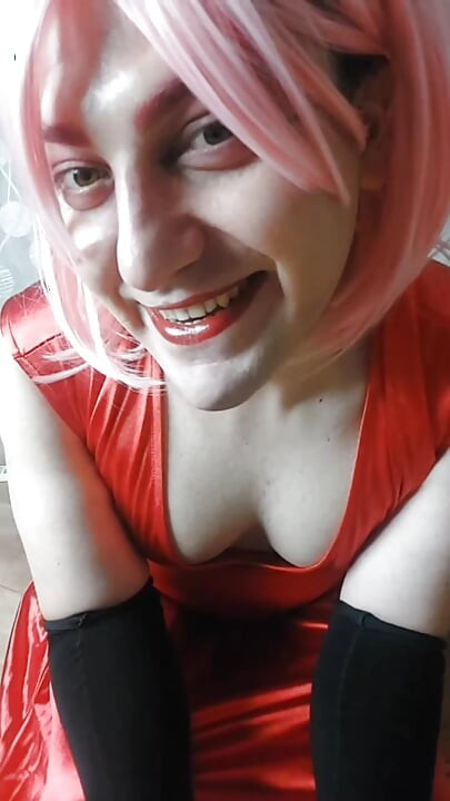 Natural Tits Feminine Boy in Red Dress