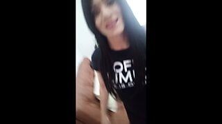 Latin crossdresser walks and plays with dildos in her ass