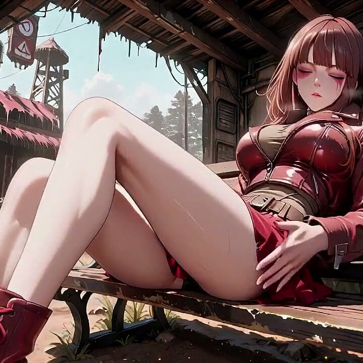 Tight Leather Suit Hugging Her Perfect Hips. She Lounges on the Broken Train Car, Hand Stroking Armor, Eyes Hazy yet Fierce.