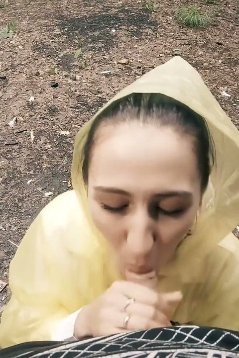Black Lynn in Yellow Raincoat Sucking Cock in the Woods - Outdoor Blowjob and Cum in Mouth