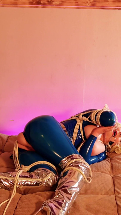 Latex bondage escape, sexy MILF submissive in rubber with gag