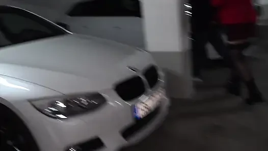 Horny brunette in sexy stockings swallows a warm load outdoors