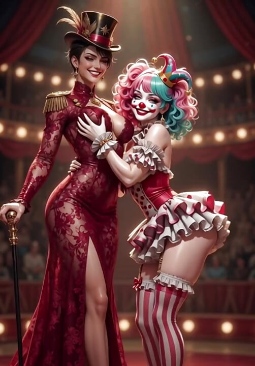 Anime circus strip ring leader clown and acrobat sexy circus show