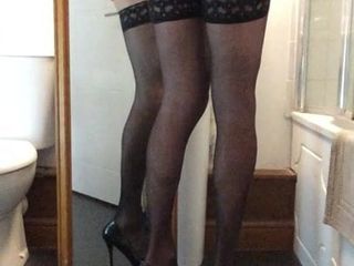 Crossdresser heels stockings with cum