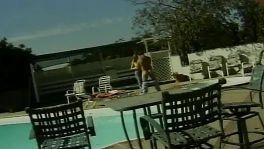 Facial cumshot for a hot blonde babe by the pool