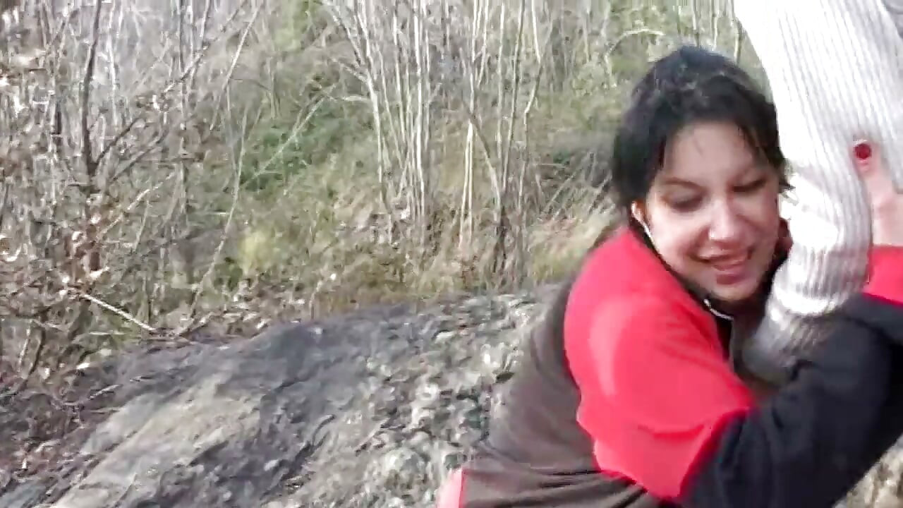 Big tits brunette banged in threesome outdoor