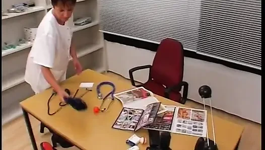 Mature Nurse Wearing Stockings While Getting Spitroasted by Two Doctors