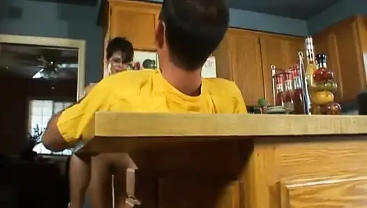 Lusty brunette milf in glasses seduced man next door on her kitchen