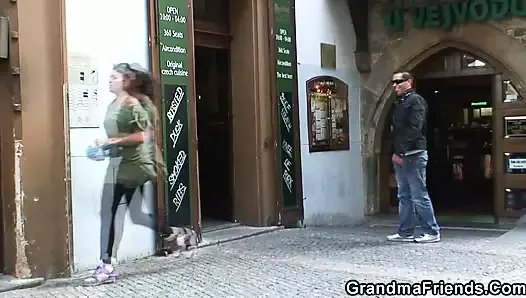 Two dudes pick up blonde granny for a fuck