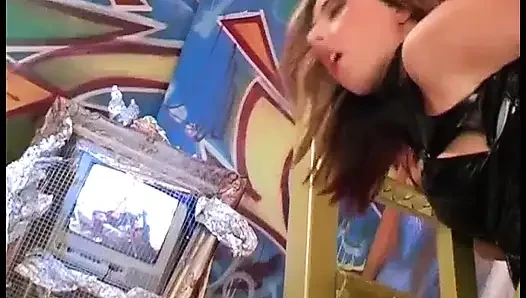 Sexy chick in black leather lingerie wild banged