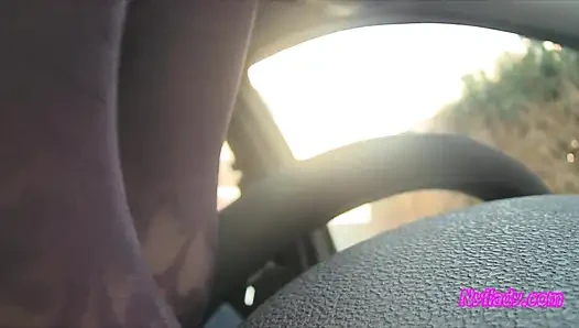 Nyllady's Footjob to Gearshift and Wheel in Patterned Pantyhose