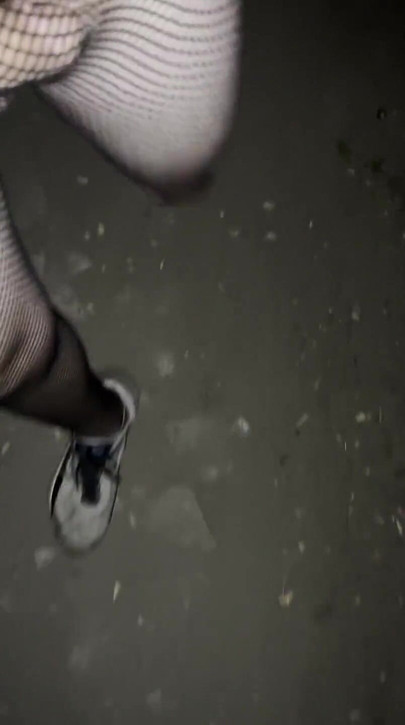 Night walking in pantyhose close road teen  boy flash no pants