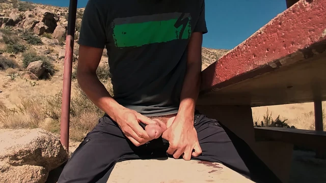 Cumshot on a public picnic table