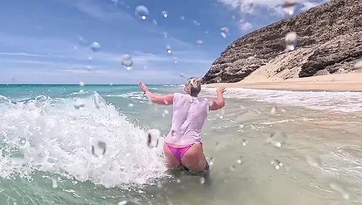 Girl Wetting Jeans in the Ocean and Swimming in Wet White T-shirt