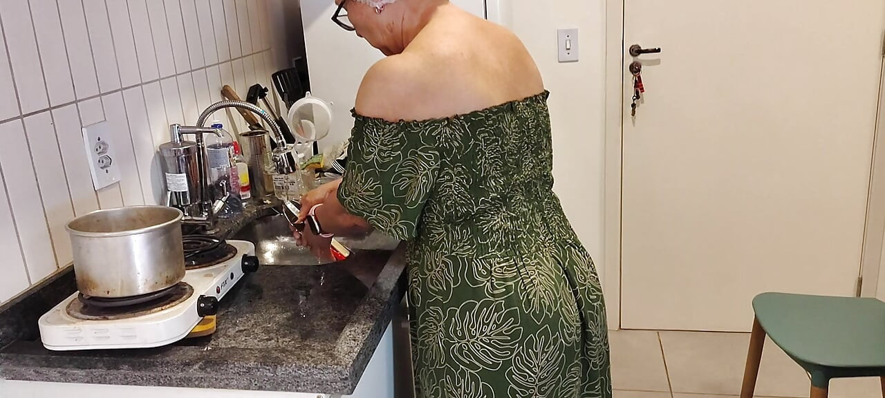 87-year-old Grandma in Her Kitchen and Her Perverted Grandson Looking Under Her Dress