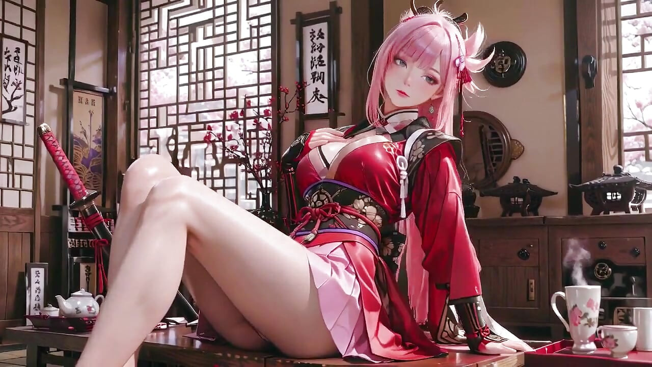Crimson Samurai! Pink-haired Warrior Kneeling on Tatami, High-slit Kimono Slipping to Reveal Snowy Thighs.