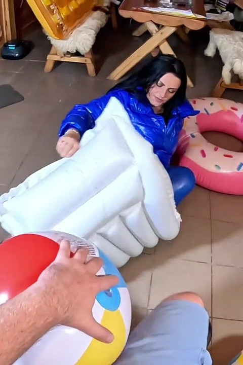 Dominant MILF in Shiny Leather Pants and Glossy Downjacket. Blowjob, Cameltoe, Cum Play and Inflatable Destruction