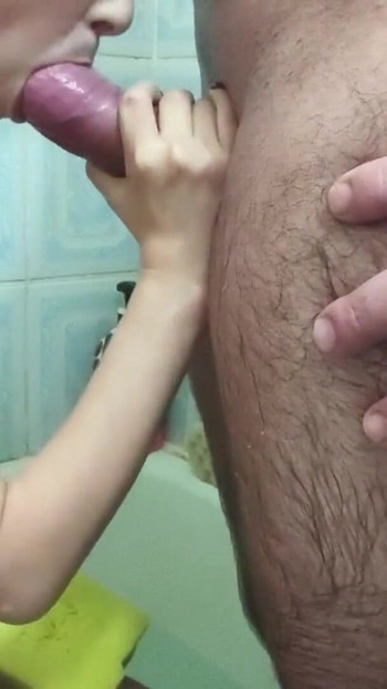 I suck my stepbrother's big dick in the bathroom and huge cumshot on tits | Clip 1