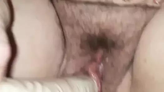 Wife playing with hairy pussy