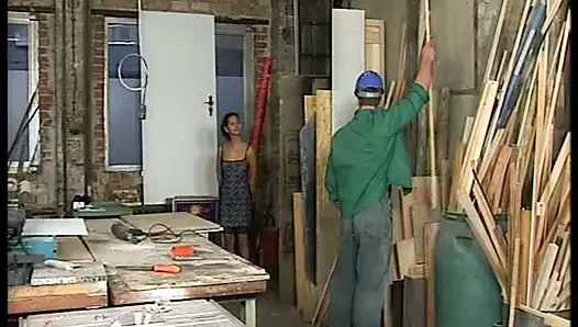 Attractive German babe tries cum in the workshop