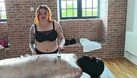 Femdom Mummification. Busty Dominatrix Stretches Slave and Uses a Urethral Dilator to Bring Him Ejaculation