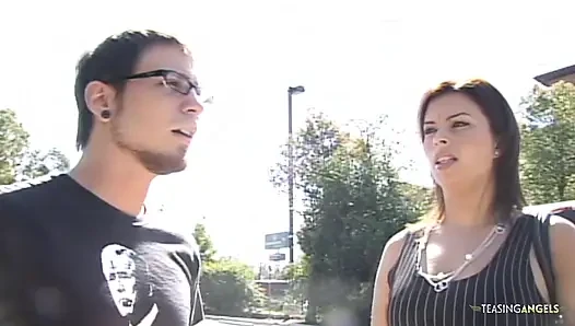 Since her car broke the brunette asks the stranger for help before feeli...