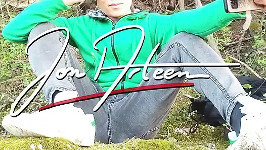 Risky masturbation outdoors a man's voice caught this cute gay twink with his balls hanging out, jerking off his uncut foreskin