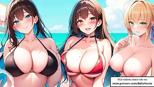 İspanyol rol yapma 31 talimatı - hentai kızları sana plajda toplu mastürbasyon yapıyor.