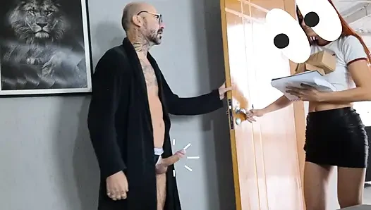 Dirty Old Man Shows His Dick to Delivery Girl!