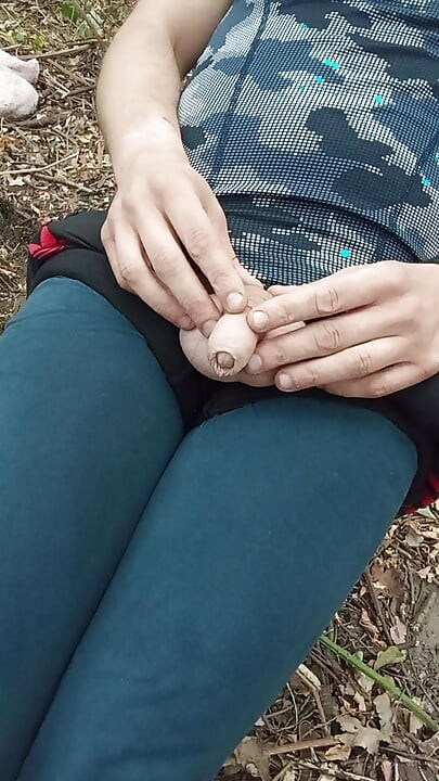 Wild jerking off at the edge of the forest, screaming with lust