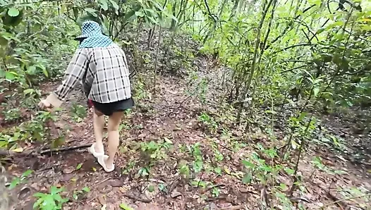 Thai girls walking and talking and picking mushrooms in the forest, secretly showing in the deep forest Clear Thai voice