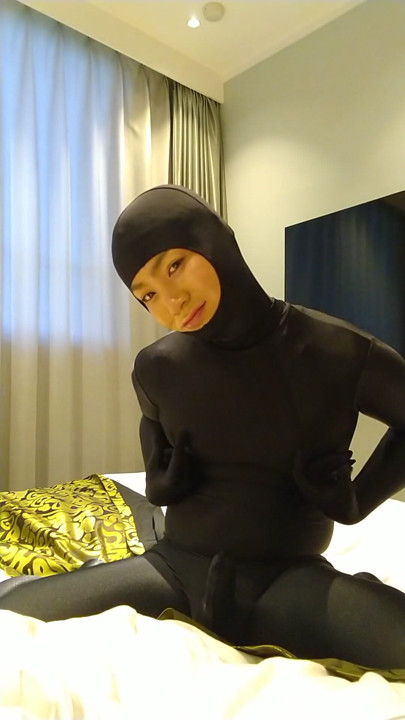 Japanese crossdresses masturbate wearing open face zentai | Clip 1