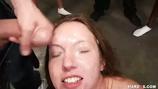 Sexy redhead first time deepthroat and rough bukkake orgy