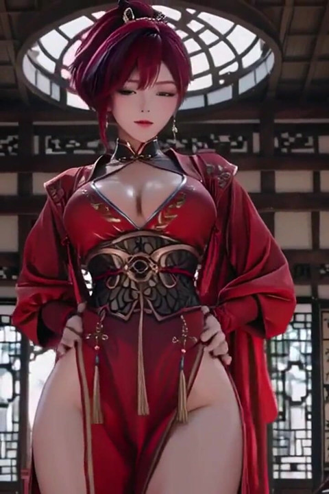 Purple-haired War Maiden in High-slit Kimono, Kneeling to Tease Your Eyes with a Fiery Gaze and a Wet, Forbidden Whisper.