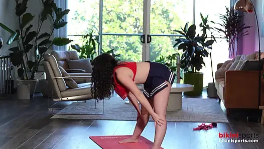 Cute Brunette Does Yoga in Mini Skirt
